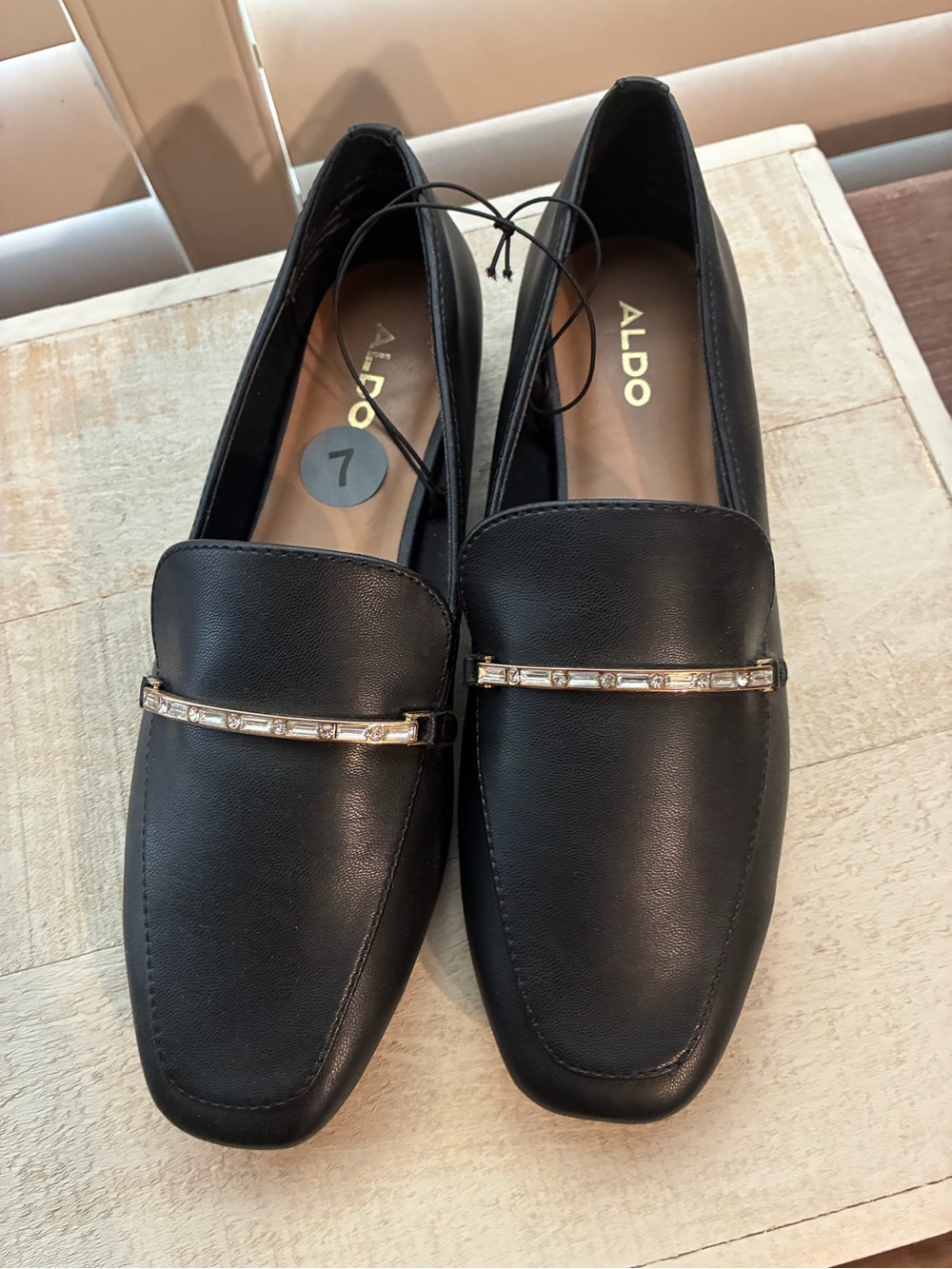 ALDO Black Leather Slip-On Loafers with Gold-Tone Accent
